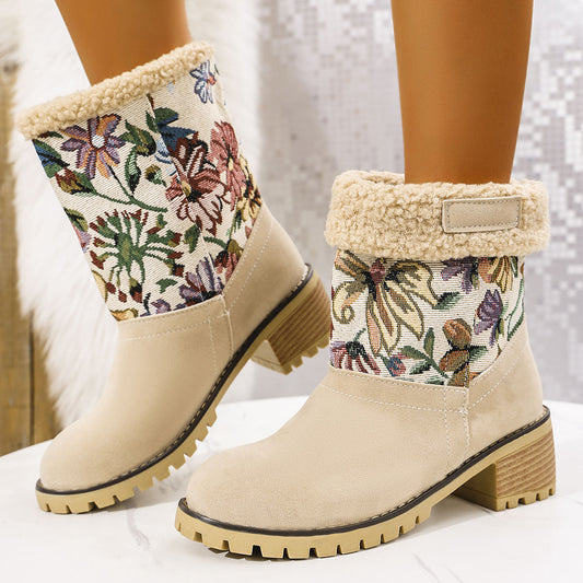 Bottes de neige brodées, style ethnique, talon carré, mi-hauteur, hiver, coton femmes