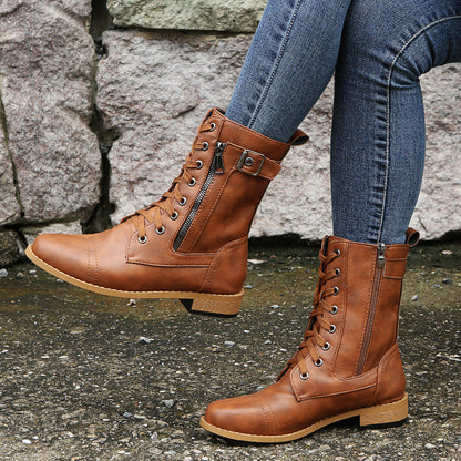 Bottes mi-hautes à lacets, couleur unie et talon bas pour femmes