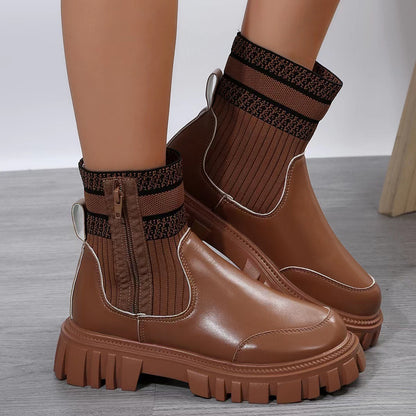 Bottes mi-hautes à fermeture éclair et semelle épaisse pour femmes