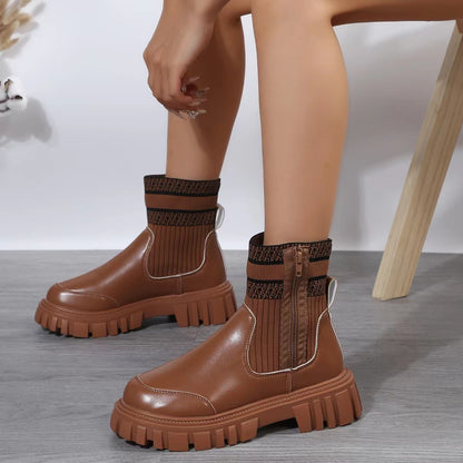 Bottes mi-hautes à fermeture éclair et semelle épaisse pour femmes